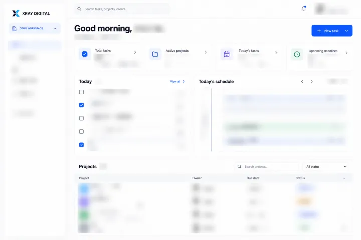 Task management dashboard with today's tasks, a daily schedule and a project list. Personal details are blurred.