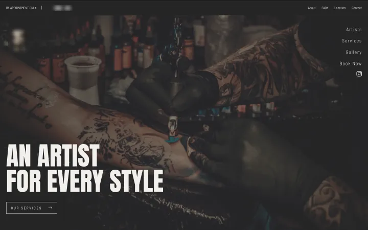 Dark website screen for a tattoo studio with the headline 'An artist for every style' and a Book Now link. Studio details are blurred.